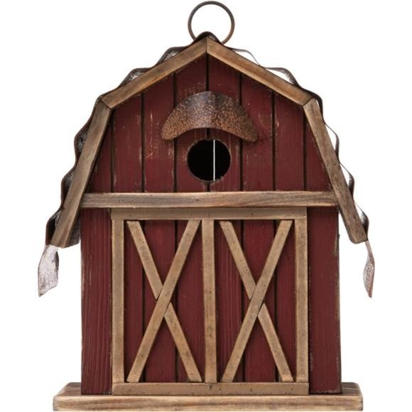 10.25" Hanging Birdhouse Rustic Wooden Barn Garden Bird House for Outdoor - Picture 2 of 6